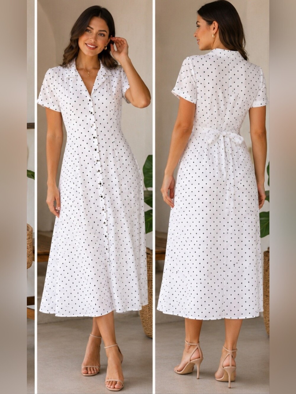 dressbarn White Polka Dot Rayon Blend Button-Front Midi Dress 12